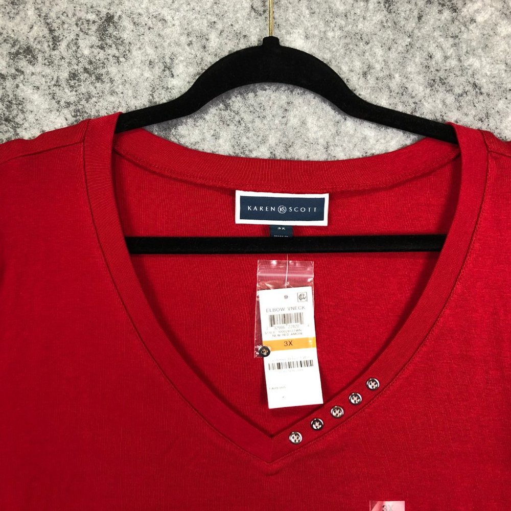 Karen Scott Top Size 0X Women Elbow Short Sleeve V Neck Solid Red Button Accent - Picture 2 of 10